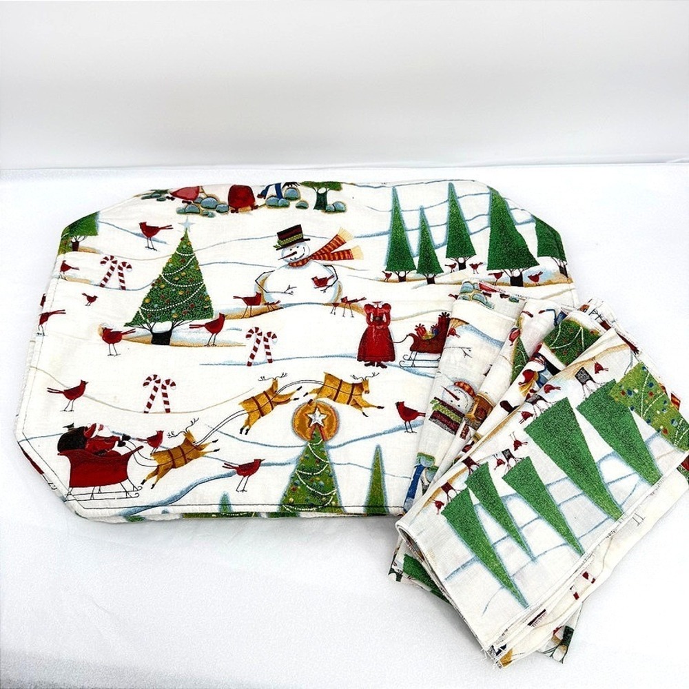 Placemats & Napkins SET of 4 Christmas Winter Scene Red Green Whimsical